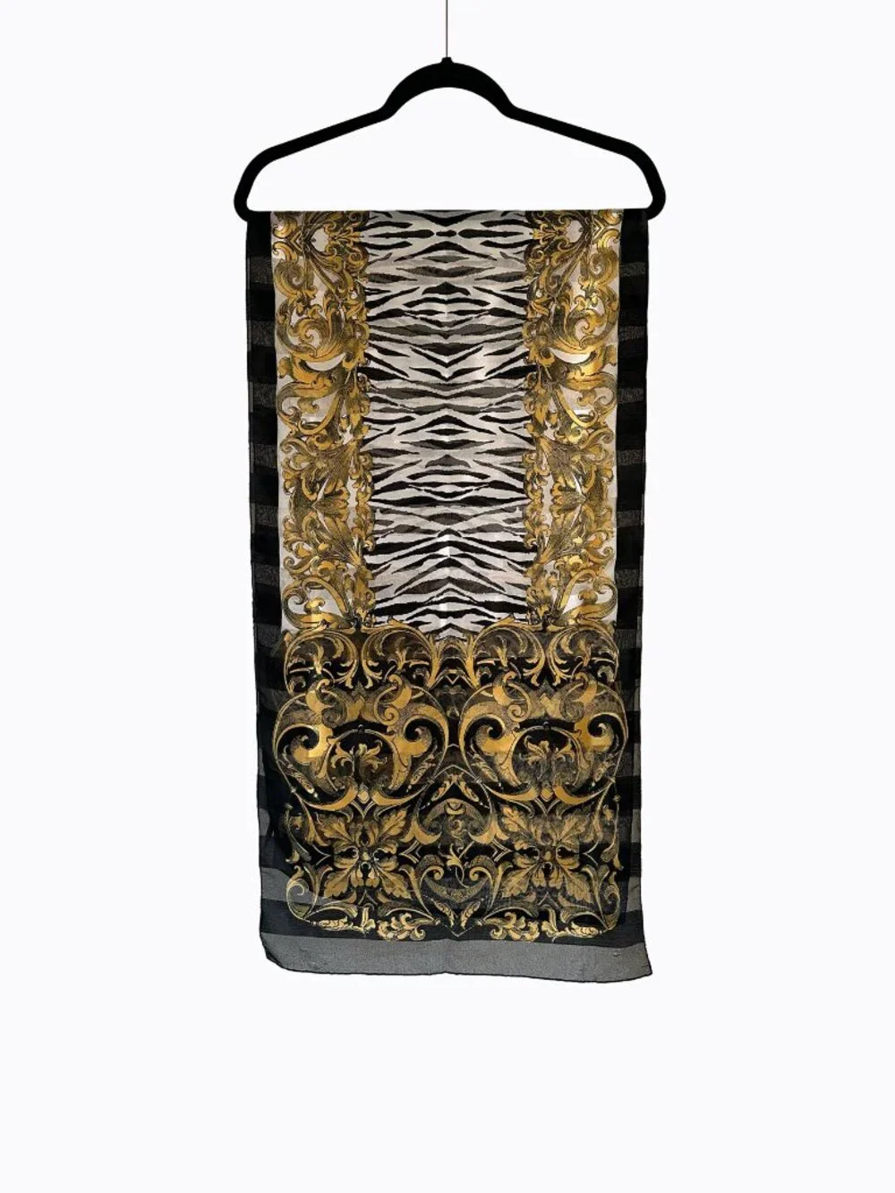 Vtg C.Webb Italy Scarf Baroque Black Gold White Sheer Silk Satin Hand Rolled 90s
